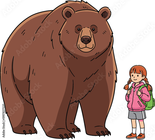 Large brown bear standing next to little girl with backpack, cute wildlife and human interaction cartoon vector illustration for education and nature themes