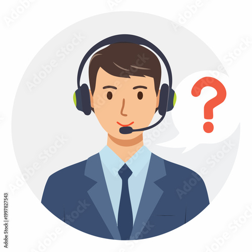 疑問を抱く男性コールセンターオペレーターのイラスト