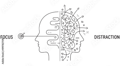 Focus vs distraction conceptual line art vector illustration of human head profiles isolated on white background