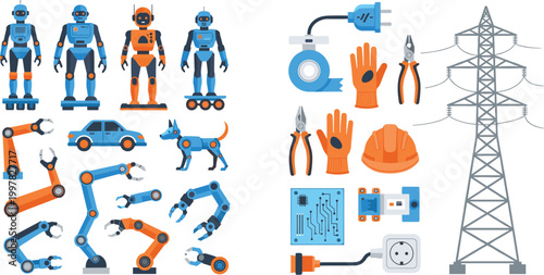Robotics and Industrial Automation Collection with Robot Arms, AI Machines, Electric Tools, and Engineering Equipment for Technology and Manufacturing Illustration