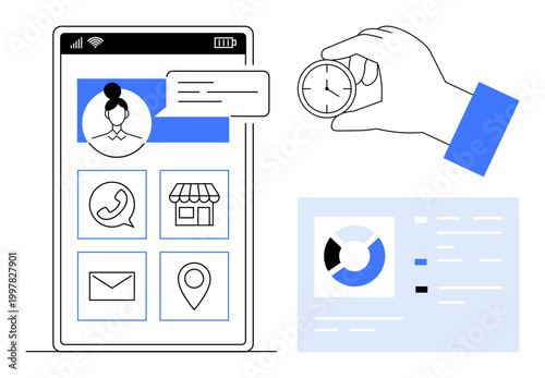 Mobile user interface. Mobile user interface with messaging, contact, location, and business icons. Mobile user experience for productivity, app design, and functional communication. For UIUX design
