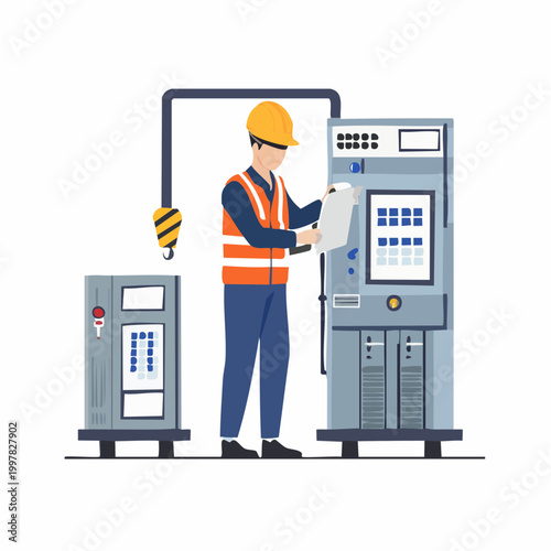 設備を点検する男性メンテナンス作業員のイラスト