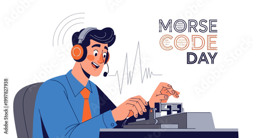 On Morse Code Day, a cheerful radio operator wearing headphones types a coded message on a vintage telegraph machine with dot dash signals in a flat vector illustration against a clean