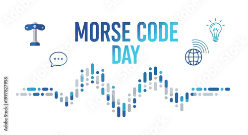 A vector illustration announcing Morse Code Day features a central waveform graphic composed of blue dots and dashes, symbolizing telegraph signals against a clean white backdrop