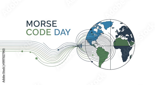 A stylized vector illustration celebrates Morse Code Day, depicting Earth with continents highlighted in blue and green, connected by flowing lines representing dot-dash signals