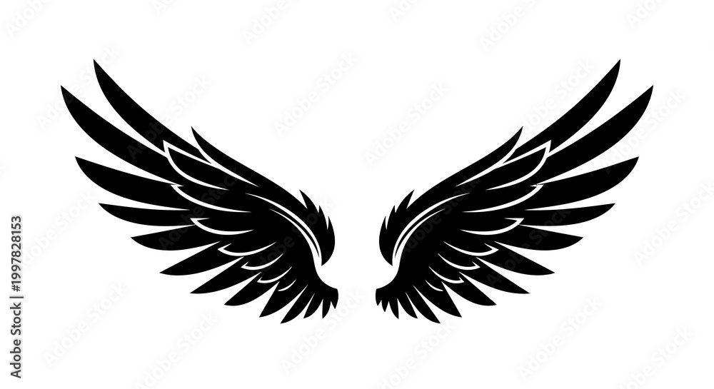Fototapeta premium A pair of black wing illustrations spread wide on a white background