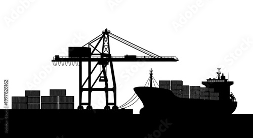 Large cargo ship and crane silhouette.
