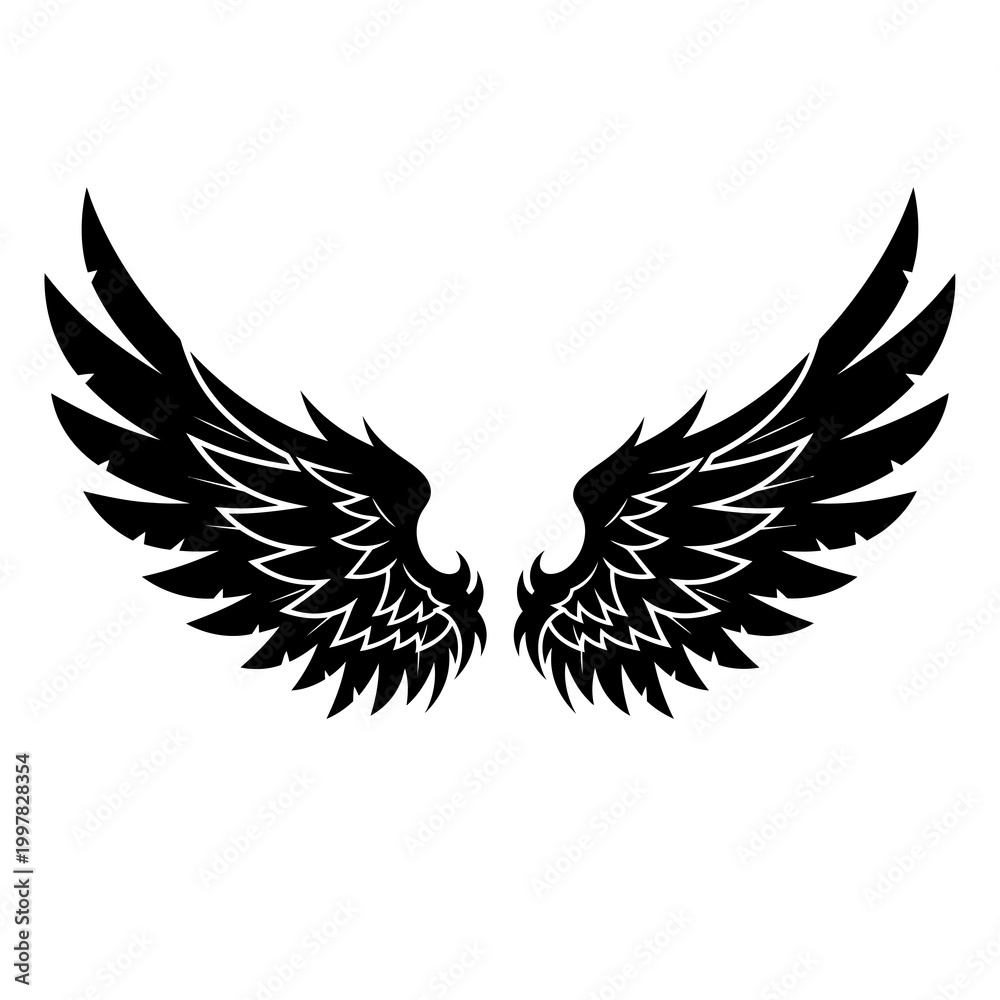 Fototapeta premium Black eagle wings spread wide on white background with sharp feathers