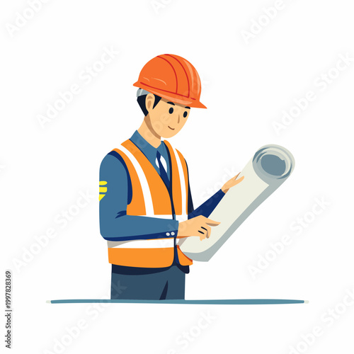 図面を確認するヘルメット姿の現場監督の男性のイラスト