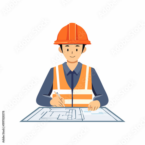 図面を確認するヘルメット姿の現場監督の男性のイラスト