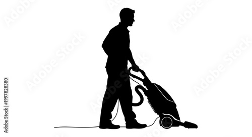 Man pushing vacuum cleaner machine.