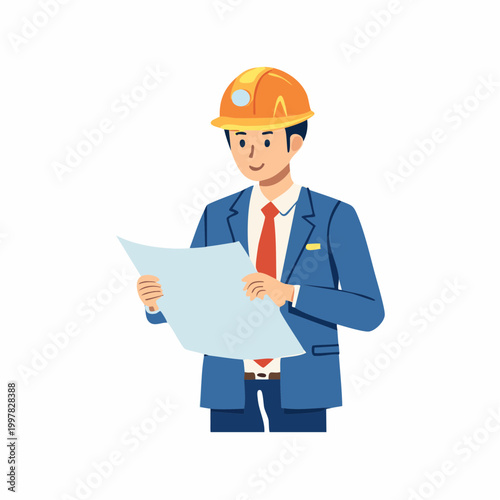 図面を確認するヘルメット姿の現場監督の男性のイラスト