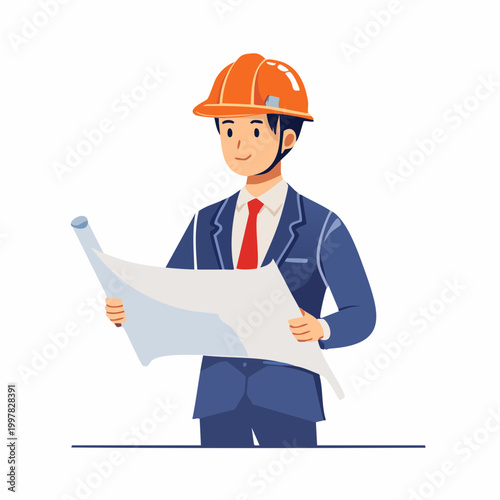 図面を確認するヘルメット姿の現場監督の男性のイラスト
