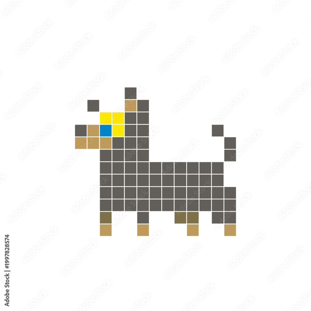 Obraz premium A flat pixel design made of geometric square color blocks on a clean icon layout. Pixel art dog