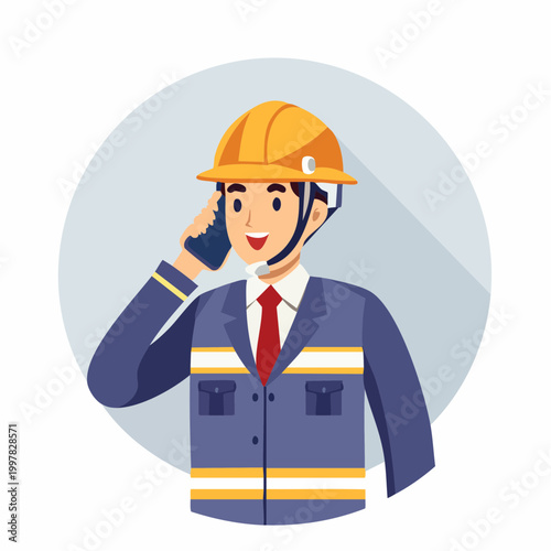 無線機や電話で連絡を取り合う現場監督の男性のイラスト