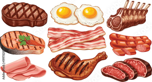Assorted meat products collection including steak bacon sausages eggs chicken and ribs, detailed food vector illustration for restaurant menu and cooking design