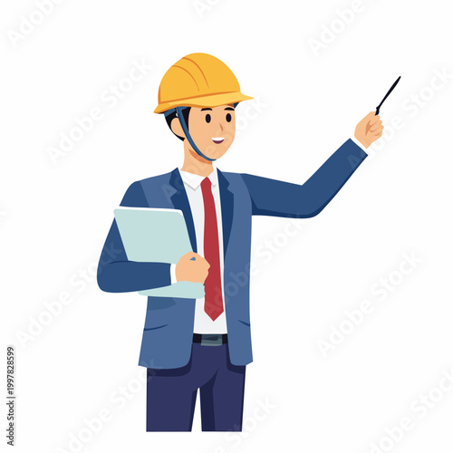 指差しで指示を出す現場監督の男性のイラスト