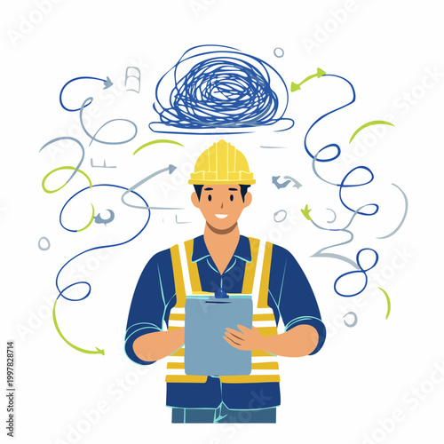 混乱して頭を抱える現場監督の男性のイラスト