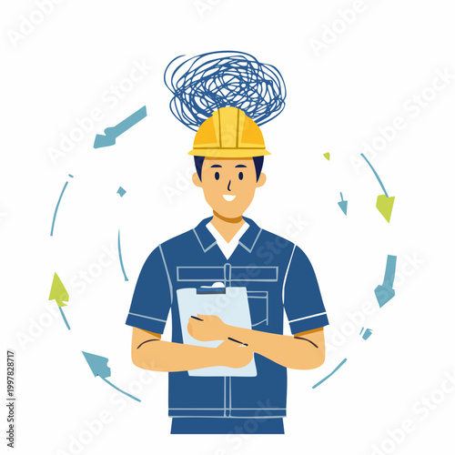 混乱して頭を抱える現場監督の男性のイラスト