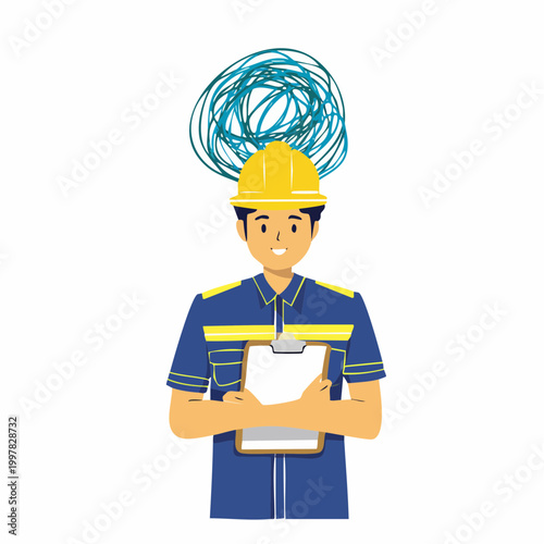 混乱して頭を抱える現場監督の男性のイラスト
