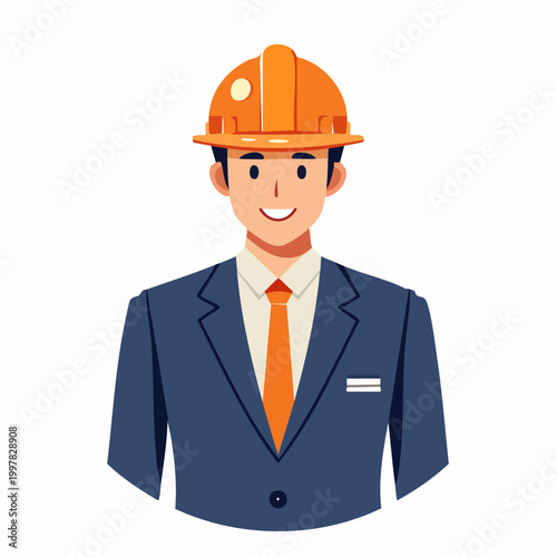 スーツにヘルメットを着用して現場を視察する管理職の男性のイラスト
