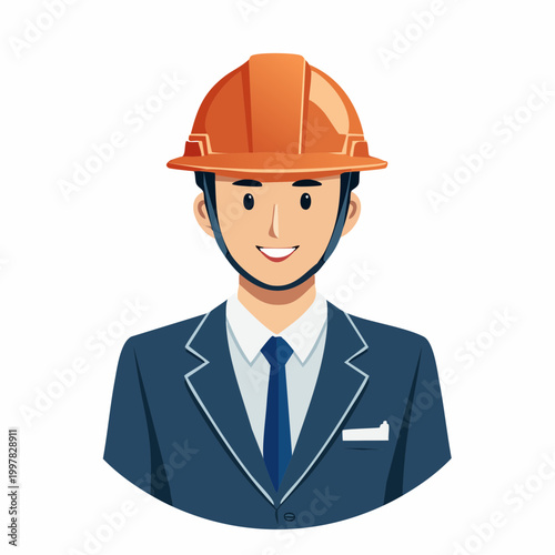 スーツにヘルメットを着用して現場を視察する管理職の男性のイラスト