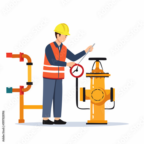 工業用バルブを点検する作業員の男性のイラスト