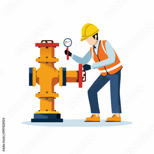 工業用バルブを点検する作業員の男性のイラスト