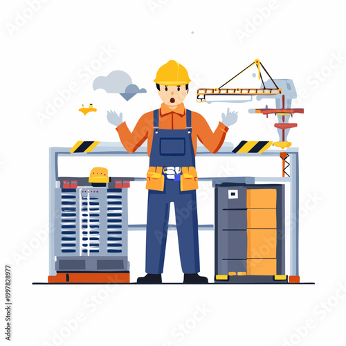 設備のトラブルに驚く作業員の男性のイラスト