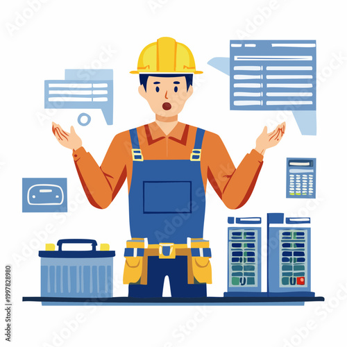 設備のトラブルに驚く作業員の男性のイラスト