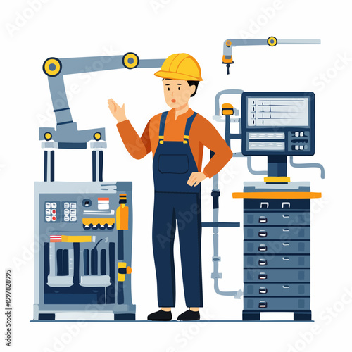 設備のトラブルに驚く作業員の男性のイラスト