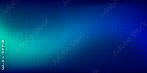 halftone with blue-green gradation, abstract background pattern, neon light reflecting walls and floors, dark colors, and feel the speed of digital technology connected with blue-green background.