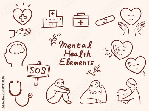 メンタルケアの手描きイラストセット