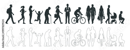 Variations of silhouettes of people of different ages, editable vector illustration. Woman, men, family, child and elderly person.