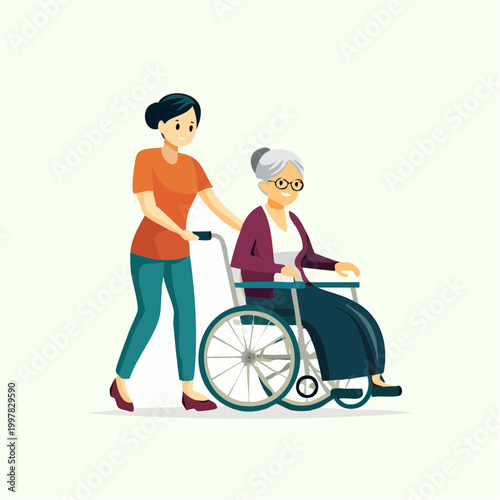 介護士にサポートされる高齢女性のイラスト