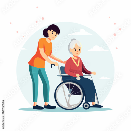 介護士にサポートされる高齢女性のイラスト