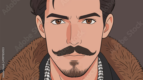 Handsome Man with Stylish Mustache and Fur Collar