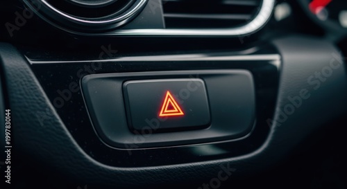 Close-up of a glowing red hazard light button on a car dashboard.