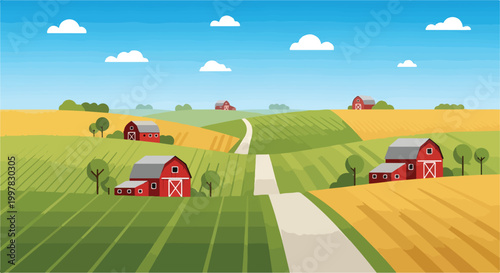 Photos A serene rural landscape with rolling hills and farmhouses