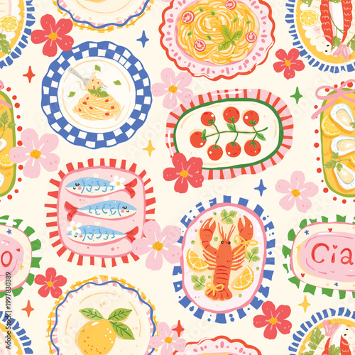 Italian Food Seamless Pattern Mediterranean Cuisine Pasta Seafood Plates Lemon Floral Summer Table Illustration