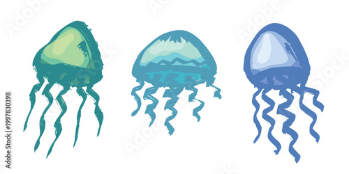 Set of hand drawn jellyfish doodle Sea animal illustration Cute marine underwater creature Medusa sketch clipart Single element for web, design, decor, children's print