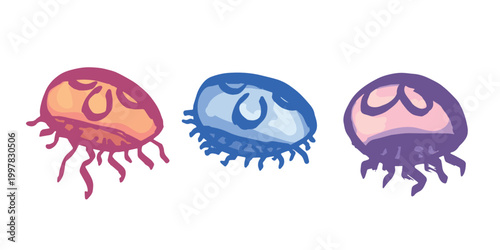 Set of hand drawn jellyfish doodle Sea animal illustration Cute marine underwater creature Medusa sketch clipart Single element for web, design, decor, children's print