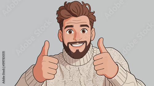 Handsome Man with Beard Giving Double Thumbs Up