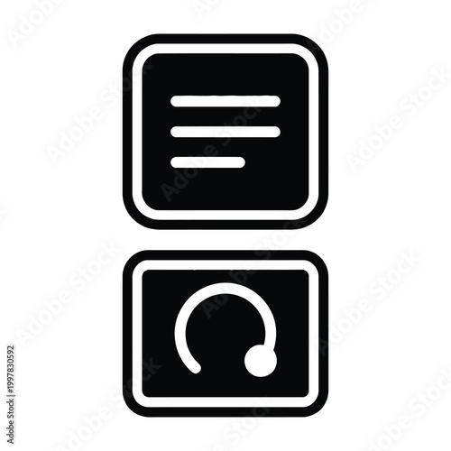 Black icons for document and headset on white background