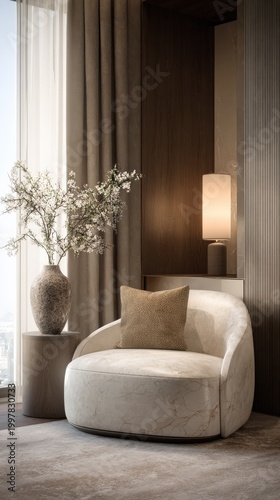 Modern Luxury Interior Design with Elegant Armchair, Floral Vase, and Warm Lighting