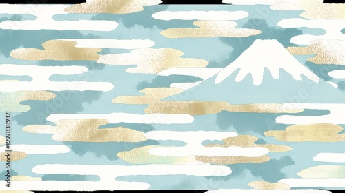 富士山と雲の和風背景素材