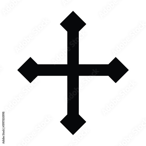 Black cross symbol with diamond ends on white background