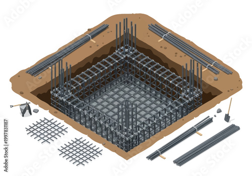 Vector illustration of a reinforced concrete foundation, detailing rebar cage and concrete pour preparation for construction projects