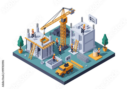 Construction Site Isometric Vector Illustration Building Homes and Infrastructure with Cranes and Workers