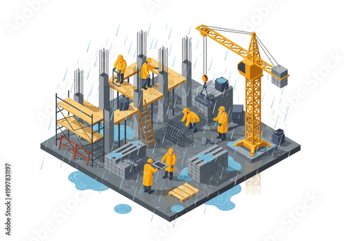 Isometric vector illustration of a construction site with workers in the rain, building a structure with cranes and scaffolding